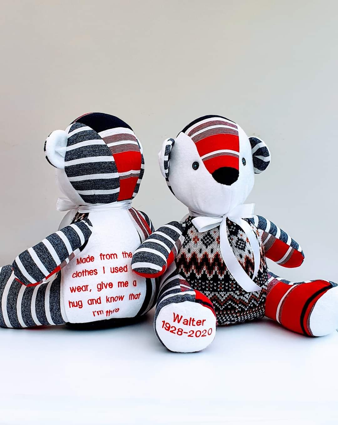 Keepsake memory bear made with clothing, with personalised message on the back. Made by Patchwork Perfect